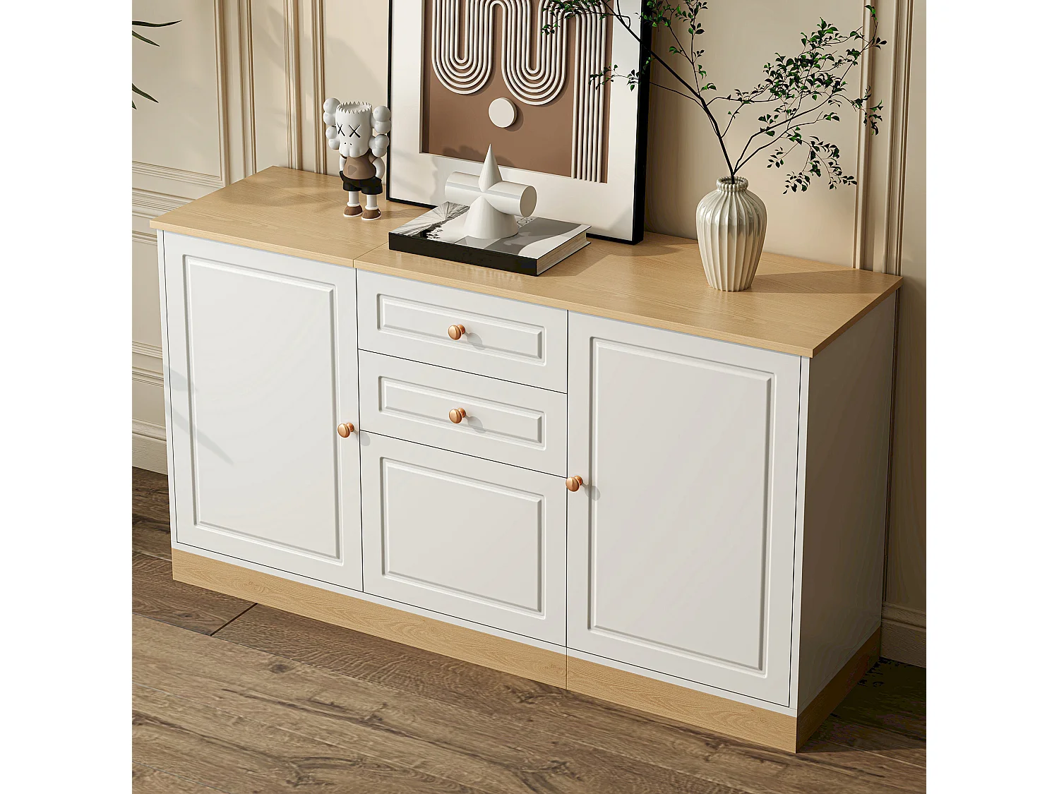 Buffet moderne pour salom - 135.5 x 39 x 76 cm - avec 3 portes + 2 tiroir - aggloméré - blanc