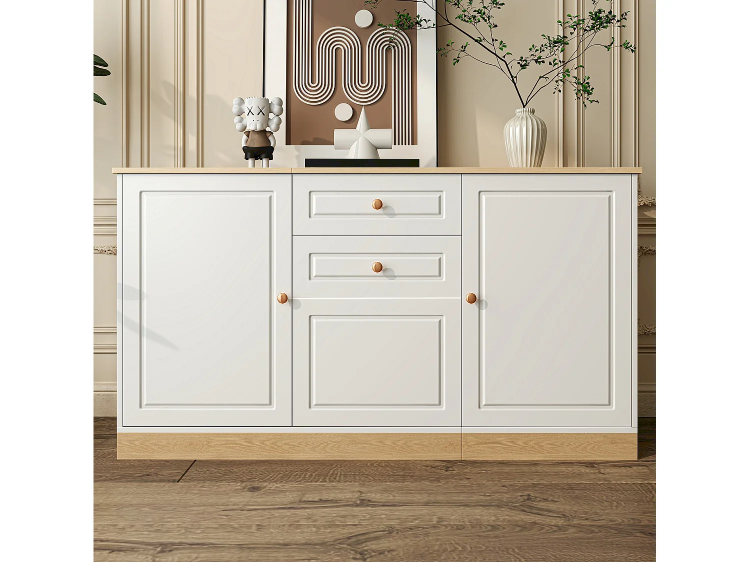 Buffet moderne pour salom - 135.5 x 39 x 76 cm - avec 3 portes + 2 tiroir - aggloméré - blanc