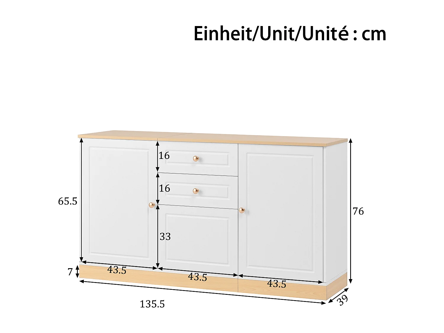 Buffet moderne pour salom - 135.5 x 39 x 76 cm - avec 3 portes + 2 tiroir - aggloméré - blanc