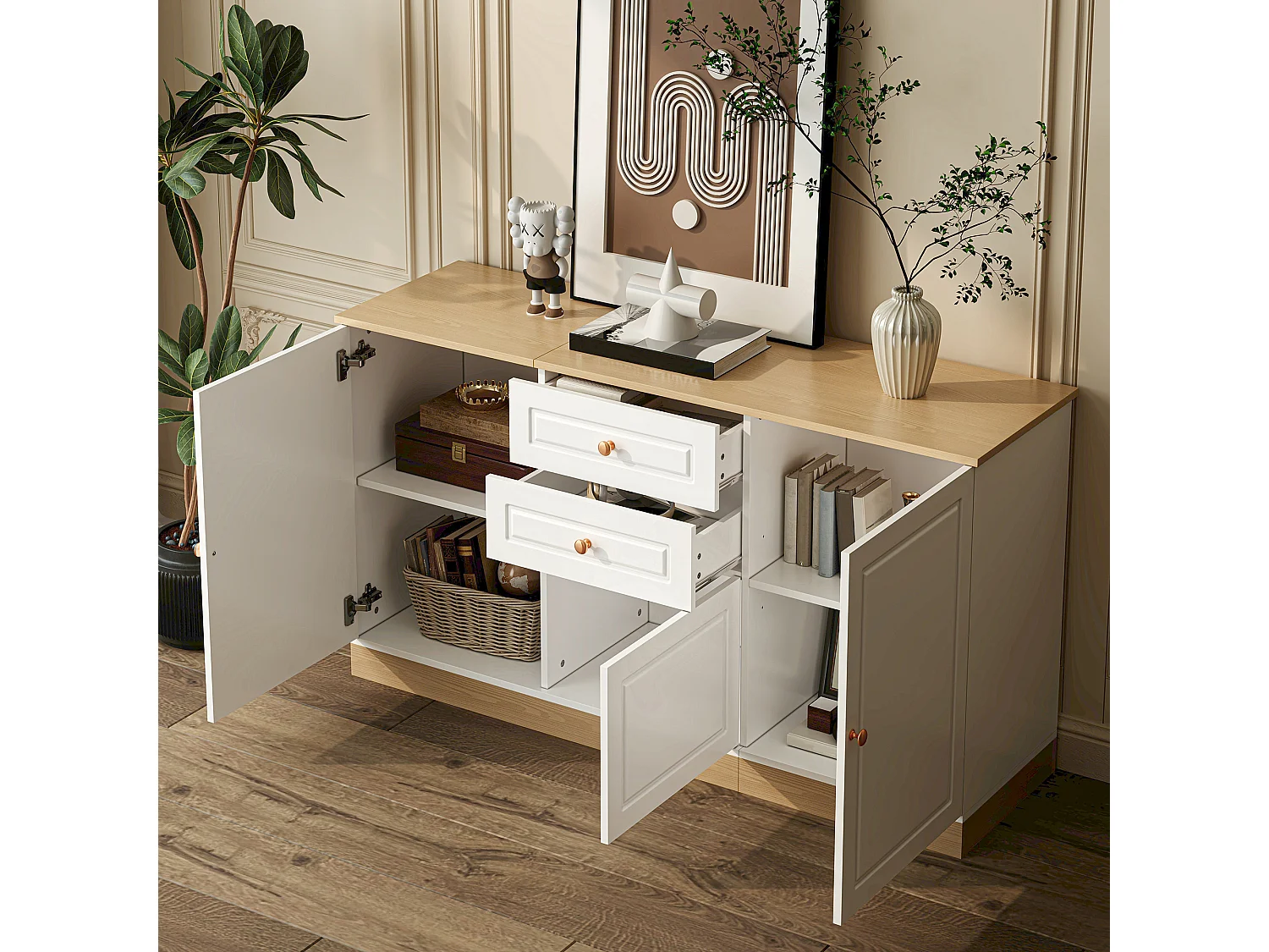 Buffet moderne pour salom - 135.5 x 39 x 76 cm - avec 3 portes + 2 tiroir - aggloméré - blanc