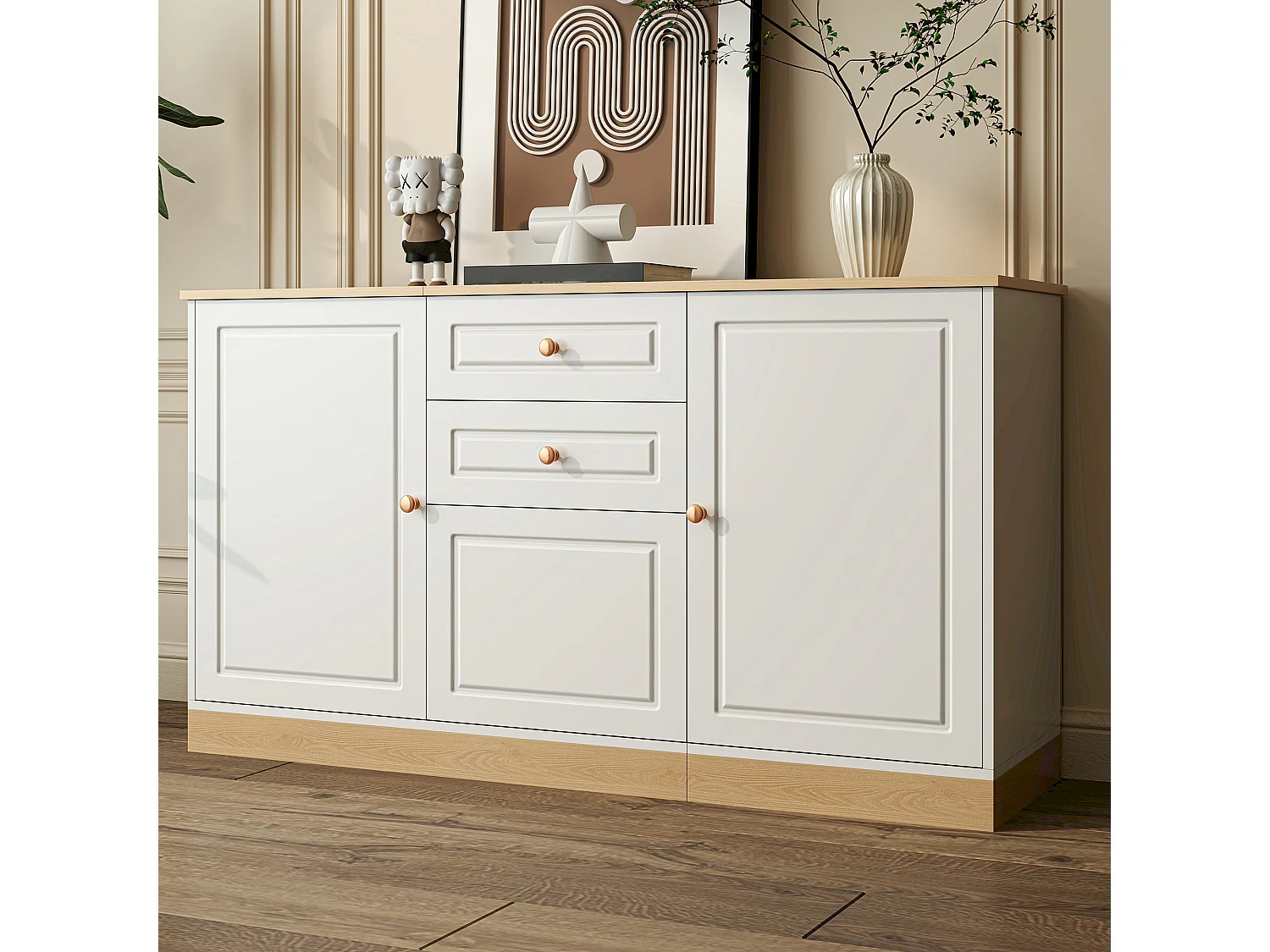 Buffet moderne pour salom - 135.5 x 39 x 76 cm - avec 3 portes + 2 tiroir - aggloméré - blanc