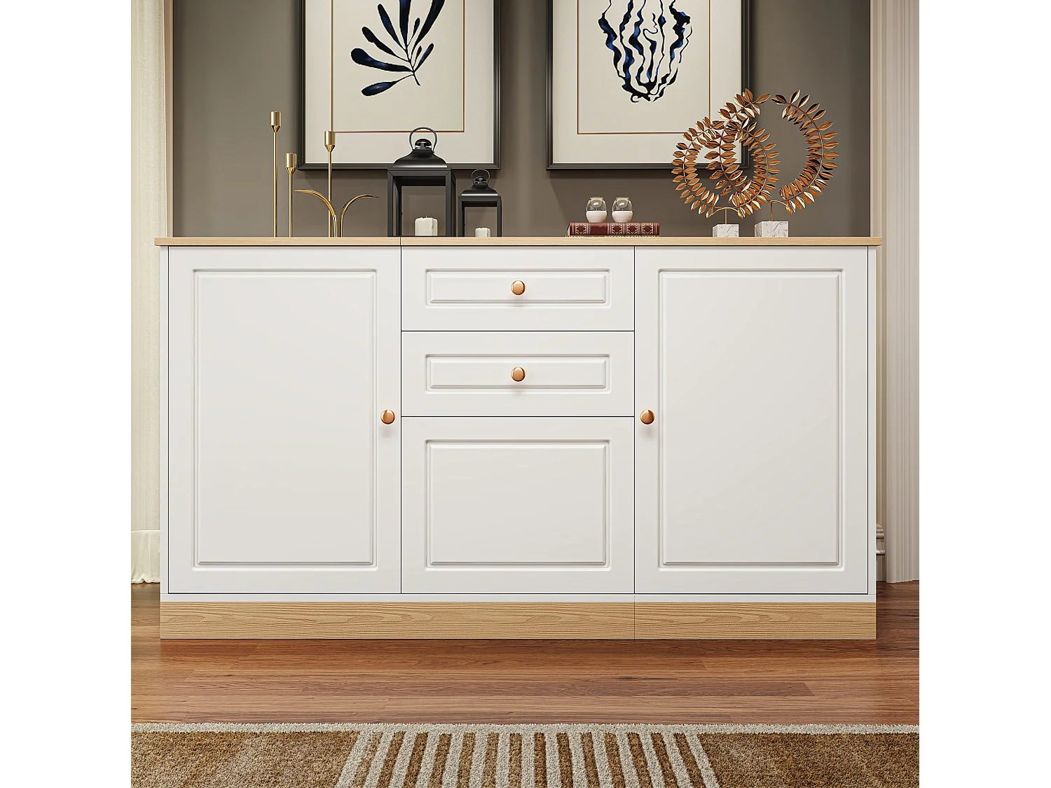 Buffet moderne pour salom - 135.5 x 39 x 76 cm - avec 3 portes + 2 tiroir - aggloméré - blanc