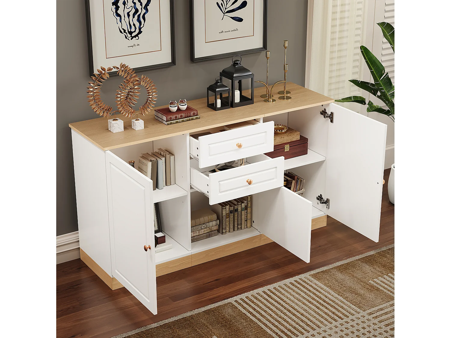 Buffet moderne pour salom - 135.5 x 39 x 76 cm - avec 3 portes + 2 tiroir - aggloméré - blanc