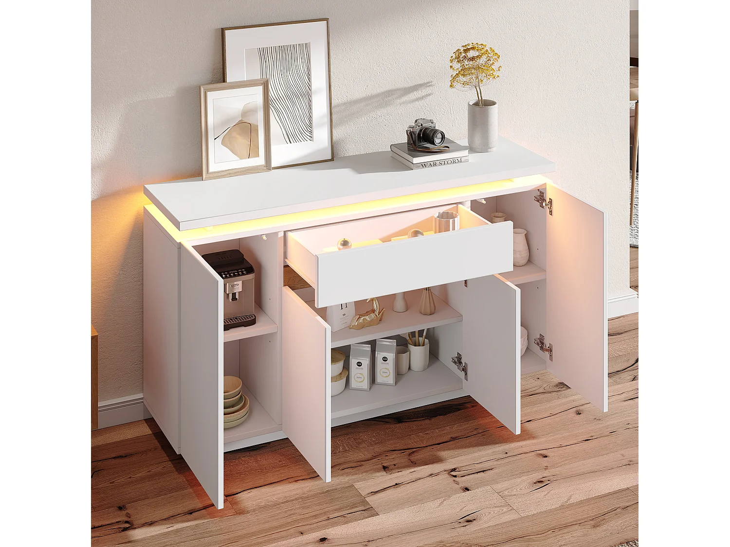 Buffet moderne pour salon/entrée - 140 x 40 x 80 cm - avec Leds + tiroir + 4 portes - aggloméré - blanc