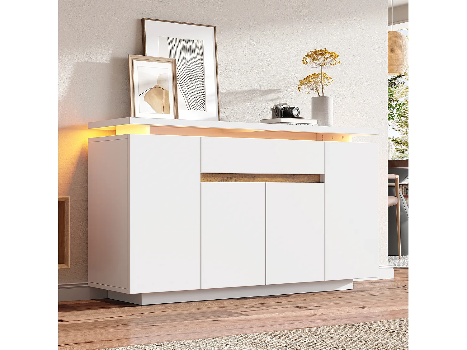 Buffet moderne pour salon/entrée - 140 x 40 x 80 cm - avec Leds + tiroir + 4 portes - aggloméré - blanc