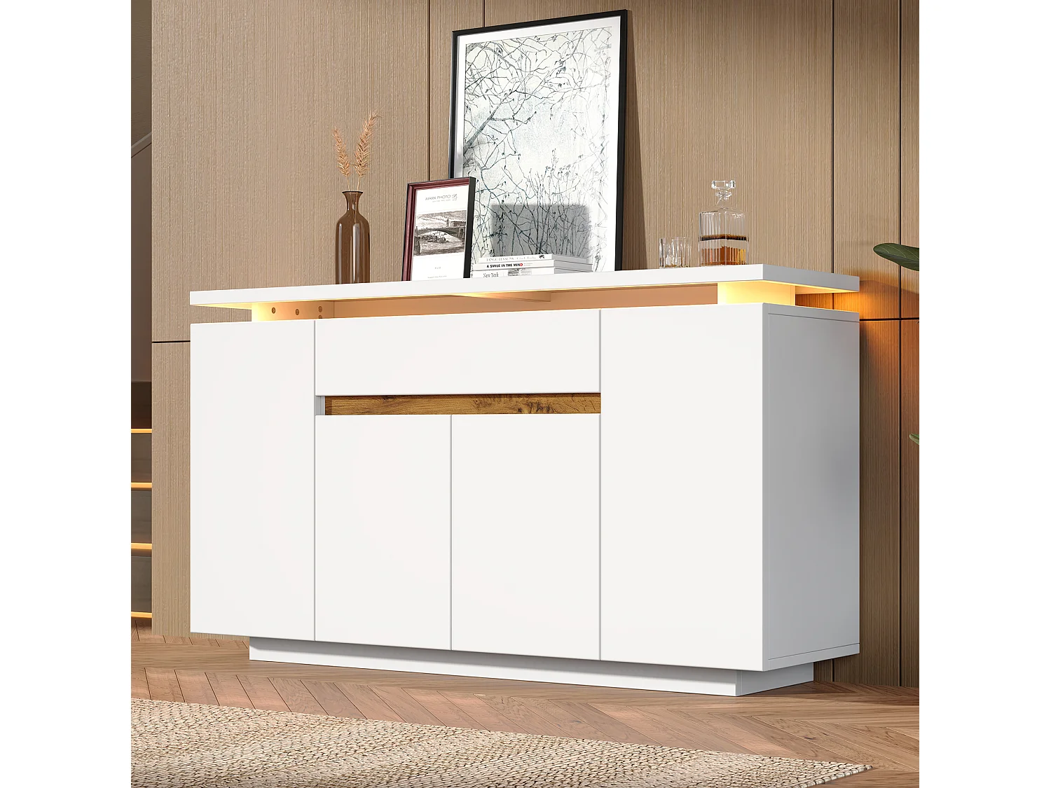 Buffet moderne pour salon/entrée - 140 x 40 x 80 cm - avec Leds + tiroir + 4 portes - aggloméré - blanc