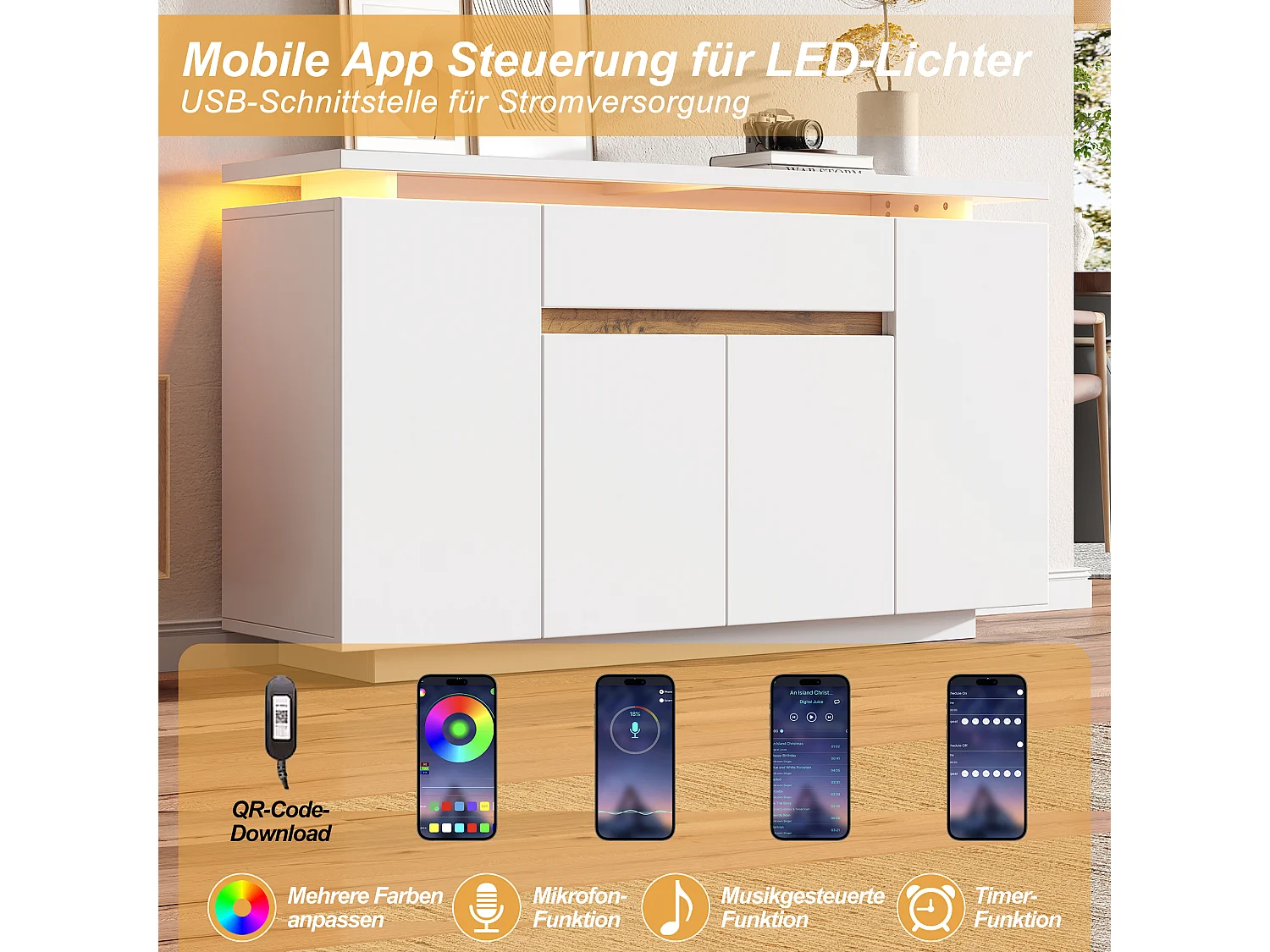 Buffet moderne pour salon/entrée - 140 x 40 x 80 cm - avec Leds + tiroir + 4 portes - aggloméré - blanc