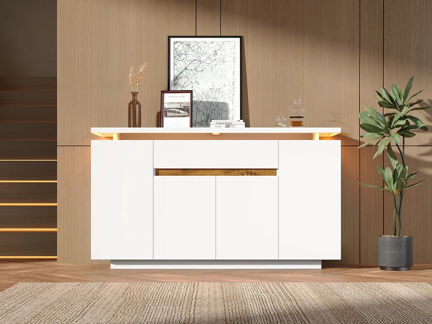 Buffet moderne pour salon/entrée - 140 x 40 x 80 cm - avec Leds + tiroir + 4 portes - aggloméré - blanc