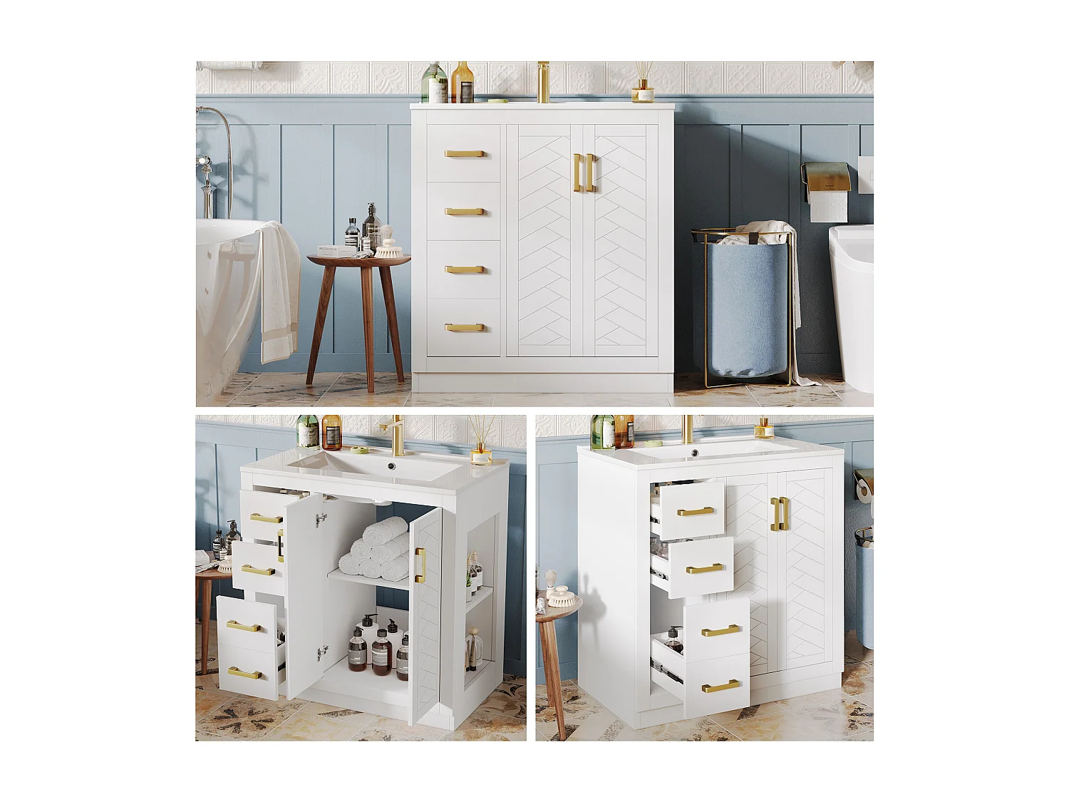 Szafka łazienkowa ceramiczna pod umywalkę - 76,5 x 46,5 x 84,5 cm - z 3 szufladami + półką boczną + 2 drzwiami - MDF - biała