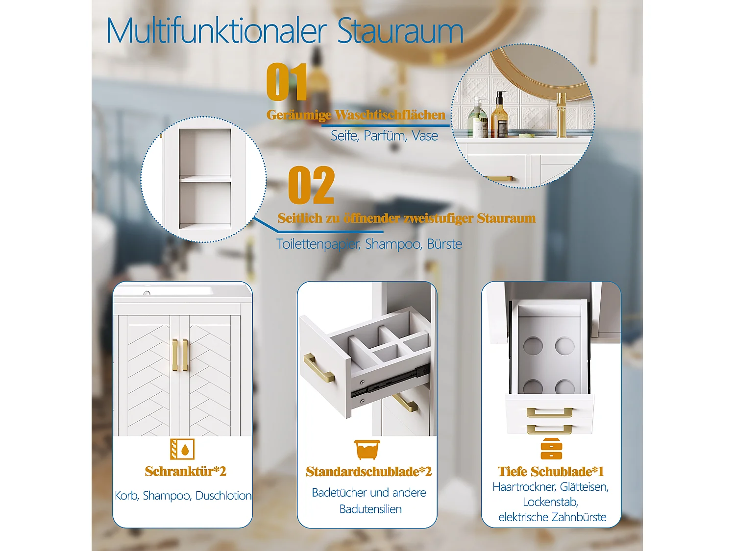 Szafka łazienkowa ceramiczna pod umywalkę - 76,5 x 46,5 x 84,5 cm - z 3 szufladami + półką boczną + 2 drzwiami - MDF - biała