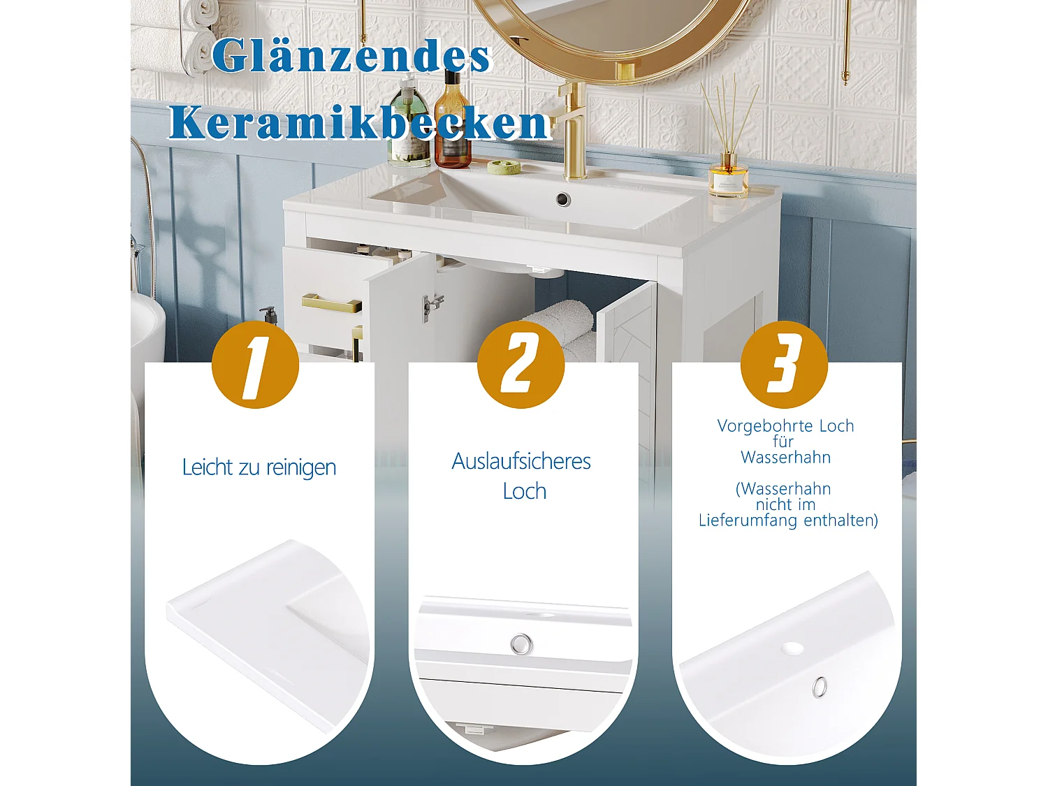 Szafka łazienkowa ceramiczna pod umywalkę - 76,5 x 46,5 x 84,5 cm - z 3 szufladami + półką boczną + 2 drzwiami - MDF - biała