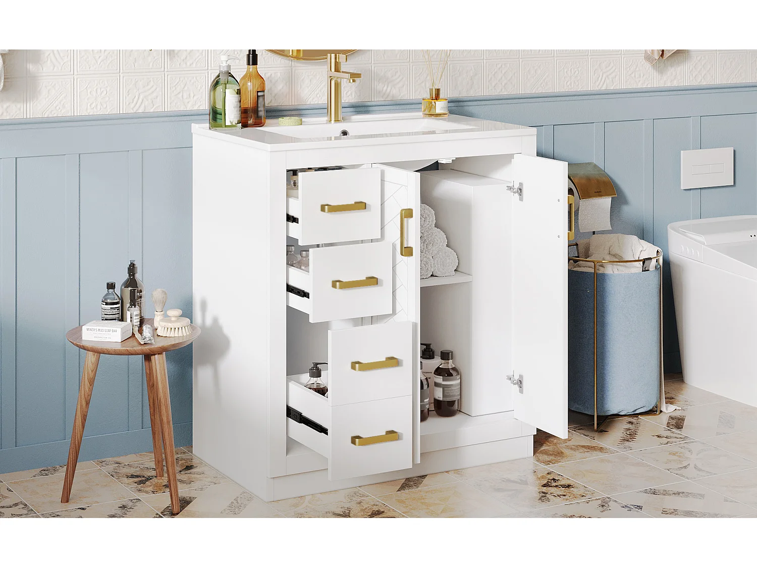 Szafka łazienkowa ceramiczna pod umywalkę - 76,5 x 46,5 x 84,5 cm - z 3 szufladami + półką boczną + 2 drzwiami - MDF - biała