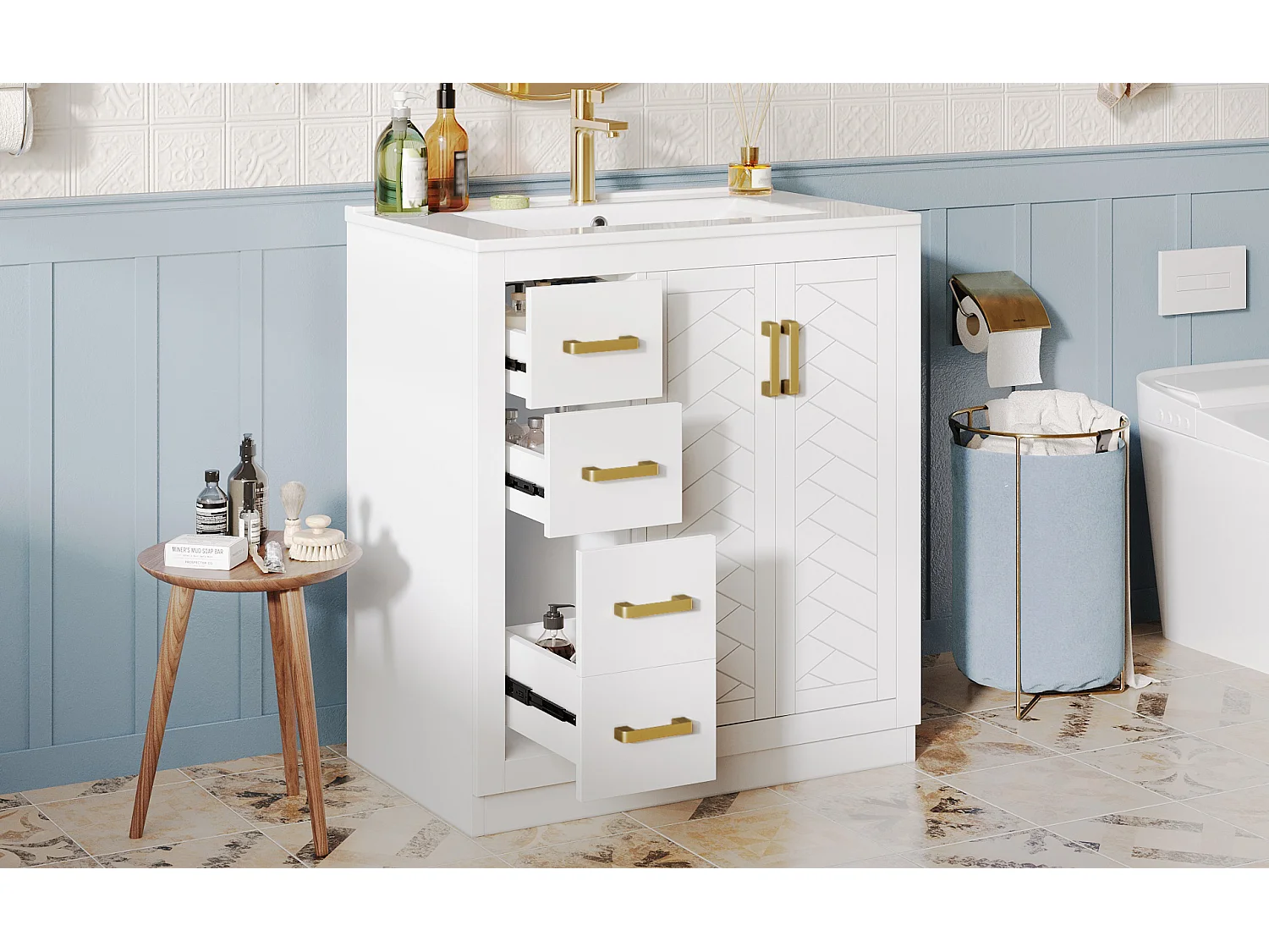 Szafka łazienkowa ceramiczna pod umywalkę - 76,5 x 46,5 x 84,5 cm - z 3 szufladami + półką boczną + 2 drzwiami - MDF - biała