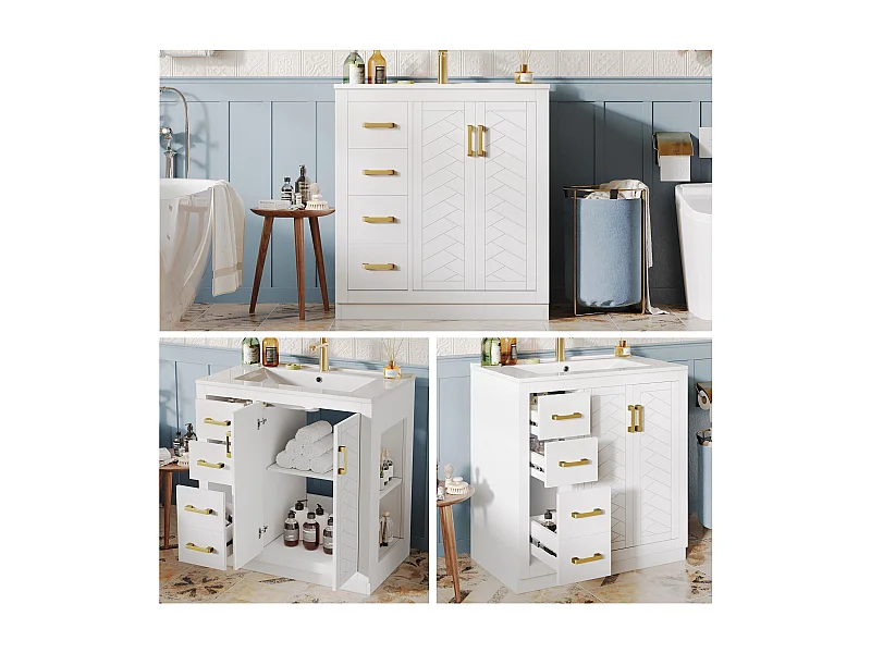 Szafka łazienkowa ceramiczna pod umywalkę - 76,5 x 46,5 x 84,5 cm - z 3 szufladami + półką boczną + 2 drzwiami - MDF - biała