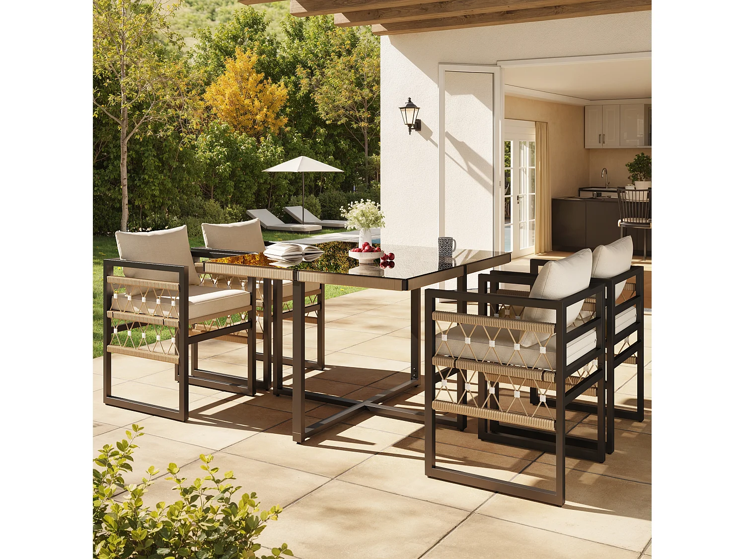 Handgewebte 8-Sitzer-Gartenmöbelgarnitur – mit 8 Kissen, 2 Tischen und 8 Sesseln – Metall – beige und schwarz