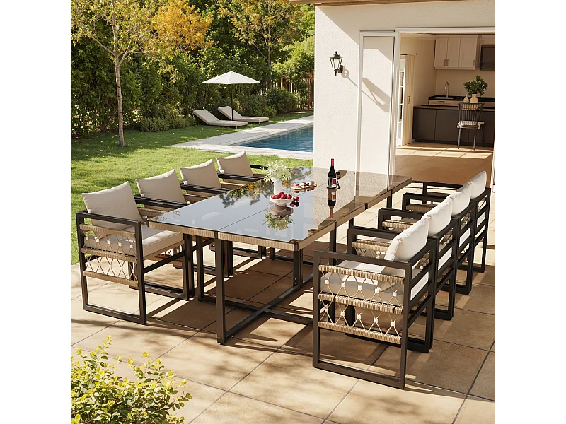 Conjunto de sofá de jardín de 8 plazas tejido a mano - con 8 cojines + 2 mesas + 8 sillones - metal - beige + negro