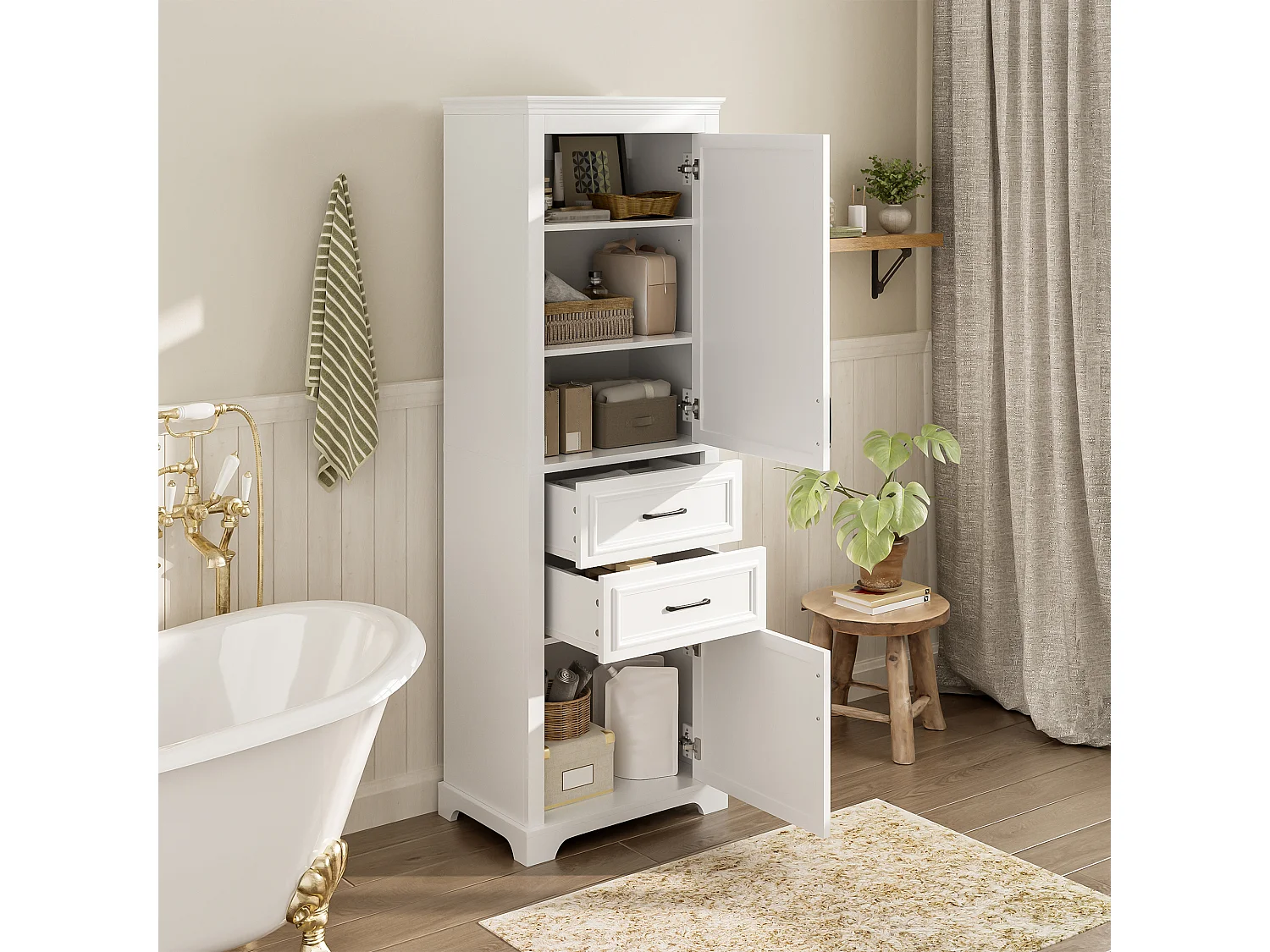 Hoher Badezimmerschrank – 60 x 40 x 180 cm – mit 2 Schubladen + 2 Schränken – 4 verstellbare Einlegeböden – MDF – weiß