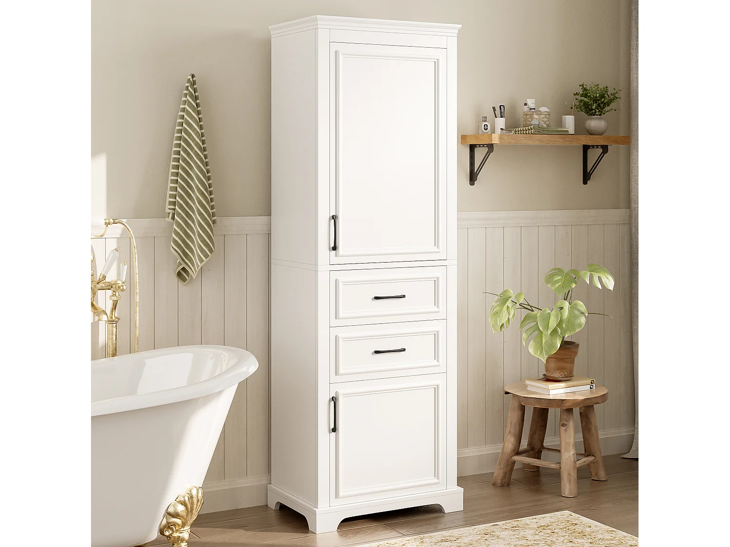 Hoher Badezimmerschrank – 60 x 40 x 180 cm – mit 2 Schubladen + 2 Schränken – 4 verstellbare Einlegeböden – MDF – weiß