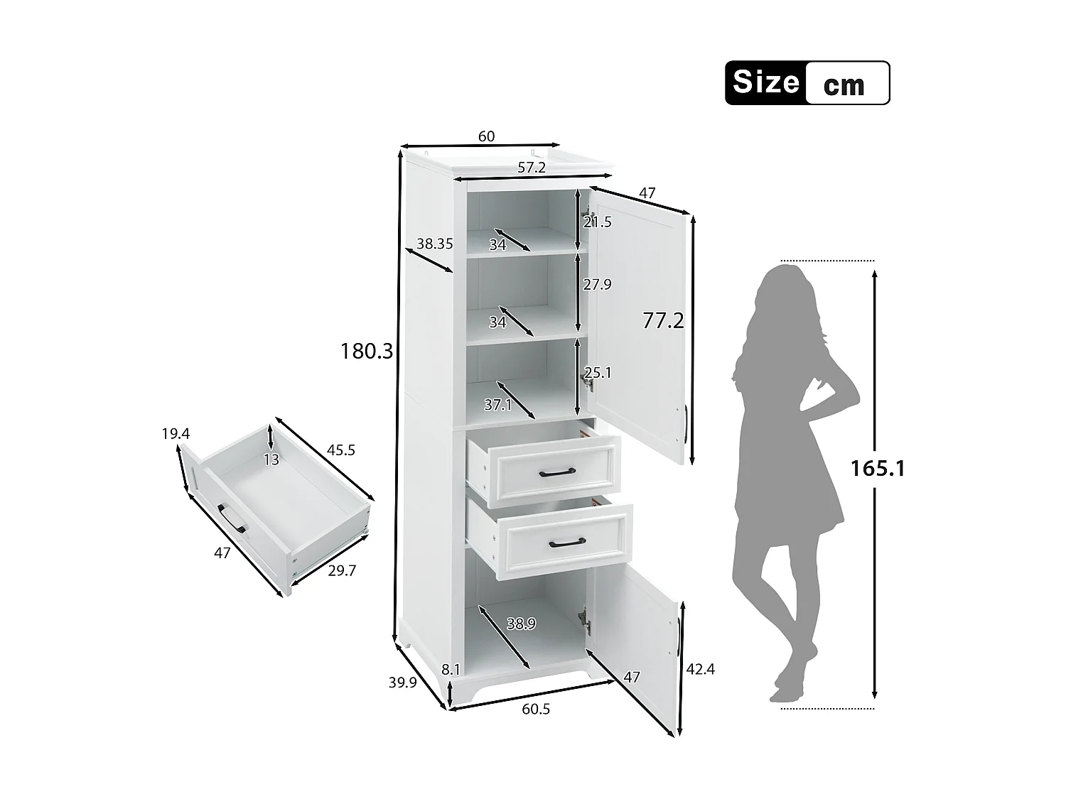Hoher Badezimmerschrank – 60 x 40 x 180 cm – mit 2 Schubladen + 2 Schränken – 4 verstellbare Einlegeböden – MDF – weiß