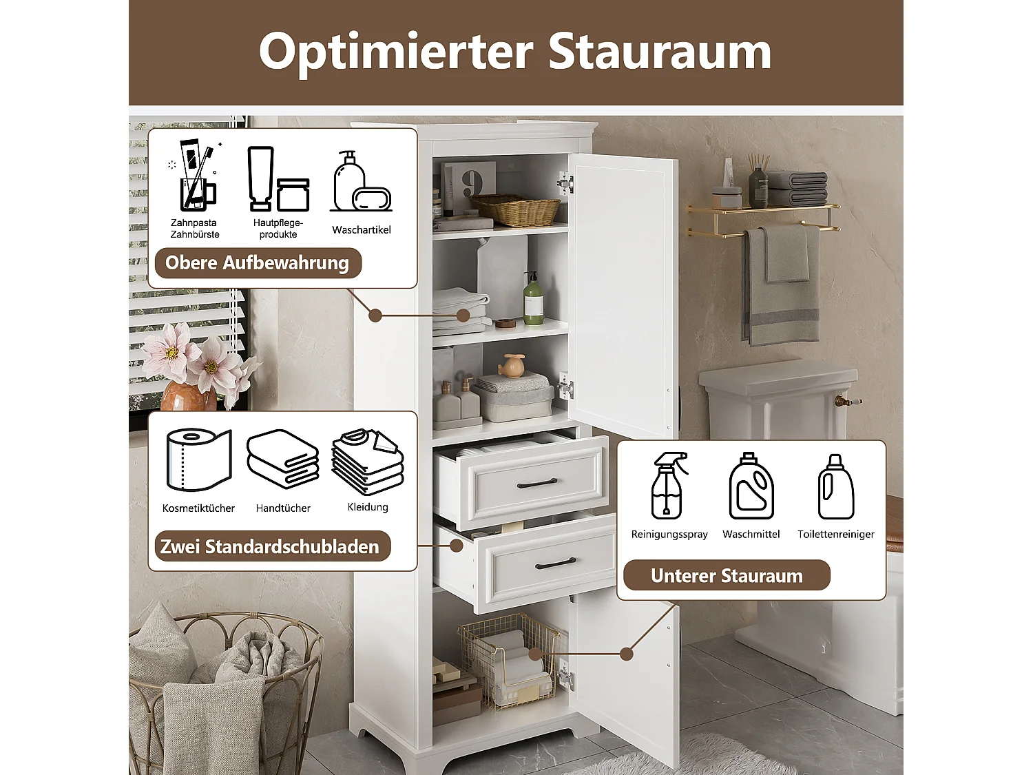 Hoher Badezimmerschrank – 60 x 40 x 180 cm – mit 2 Schubladen + 2 Schränken – 4 verstellbare Einlegeböden – MDF – weiß