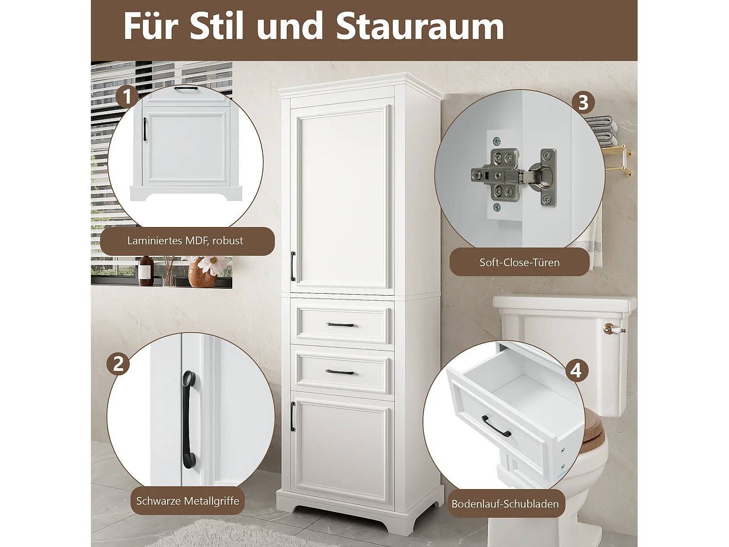 Hoher Badezimmerschrank – 60 x 40 x 180 cm – mit 2 Schubladen + 2 Schränken – 4 verstellbare Einlegeböden – MDF – weiß