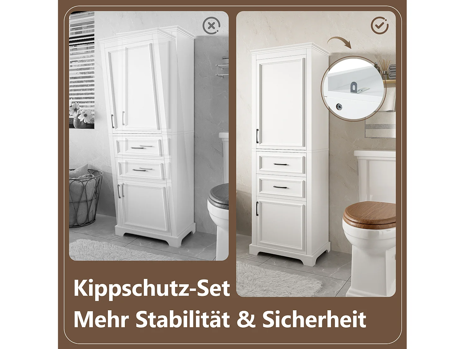 Hoher Badezimmerschrank – 60 x 40 x 180 cm – mit 2 Schubladen + 2 Schränken – 4 verstellbare Einlegeböden – MDF – weiß