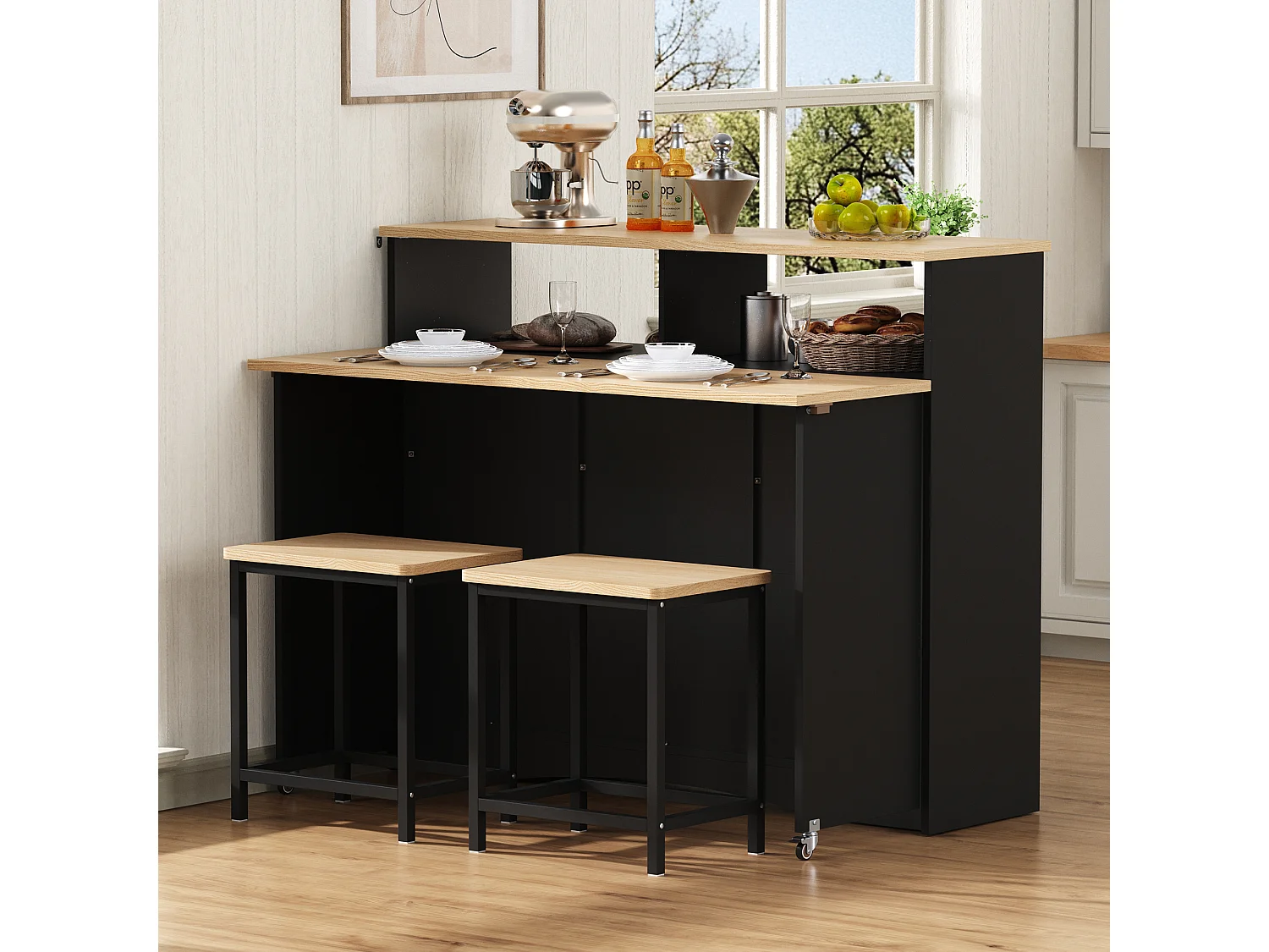 Uitschuifbaar keukeneiland op wielen - 110 x 34 x 97,5 cm - met opbergruimte + 2 krukken - MDF - zwart