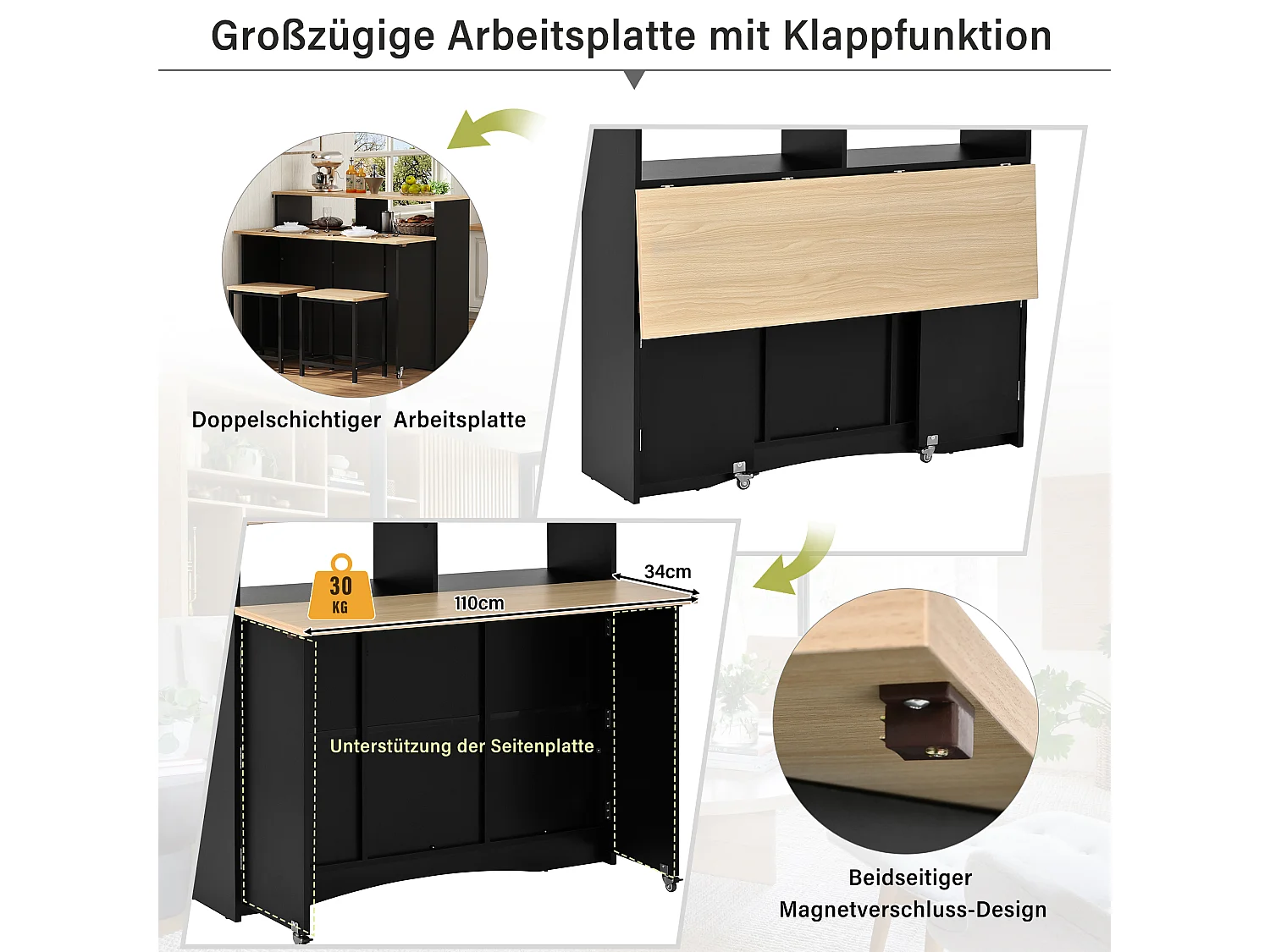 Uitschuifbaar keukeneiland op wielen - 110 x 34 x 97,5 cm - met opbergruimte + 2 krukken - MDF - zwart