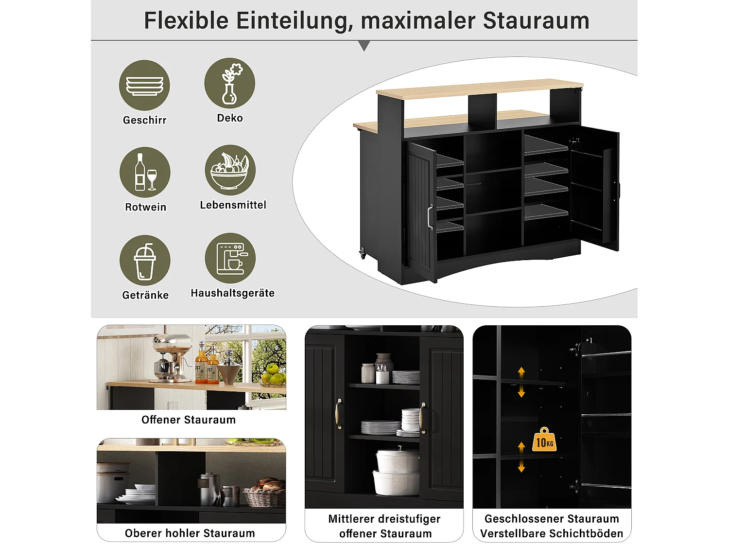 Uitschuifbaar keukeneiland op wielen - 110 x 34 x 97,5 cm - met opbergruimte + 2 krukken - MDF - zwart