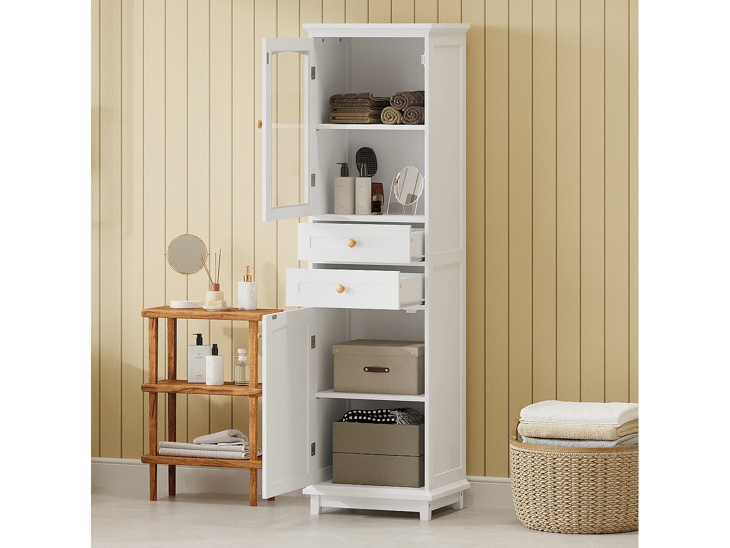 Meuble de salle de bain -  45 x 36 x 160 cm - avec 1 portes vitrées + 2 tiroirs + 2 placards - MDF + verre - blanc