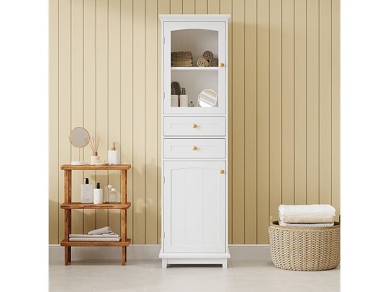 Meuble de salle de bain -  45 x 36 x 160 cm - avec 1 portes vitrées + 2 tiroirs + 2 placards - MDF + verre - blanc