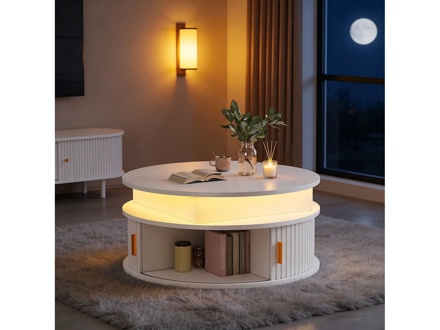 Stolik kawowy z podnoszonym blatem, lakierowany na wysoki połysk, 75 x 75 x 52 cm, z diodami LED + 2 drzwiami rolowanymi + schowek, płyta MDF, biały