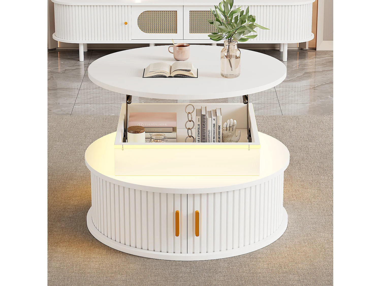 Stolik kawowy z podnoszonym blatem, lakierowany na wysoki połysk, 75 x 75 x 52 cm, z diodami LED + 2 drzwiami rolowanymi + schowek, płyta MDF, biały