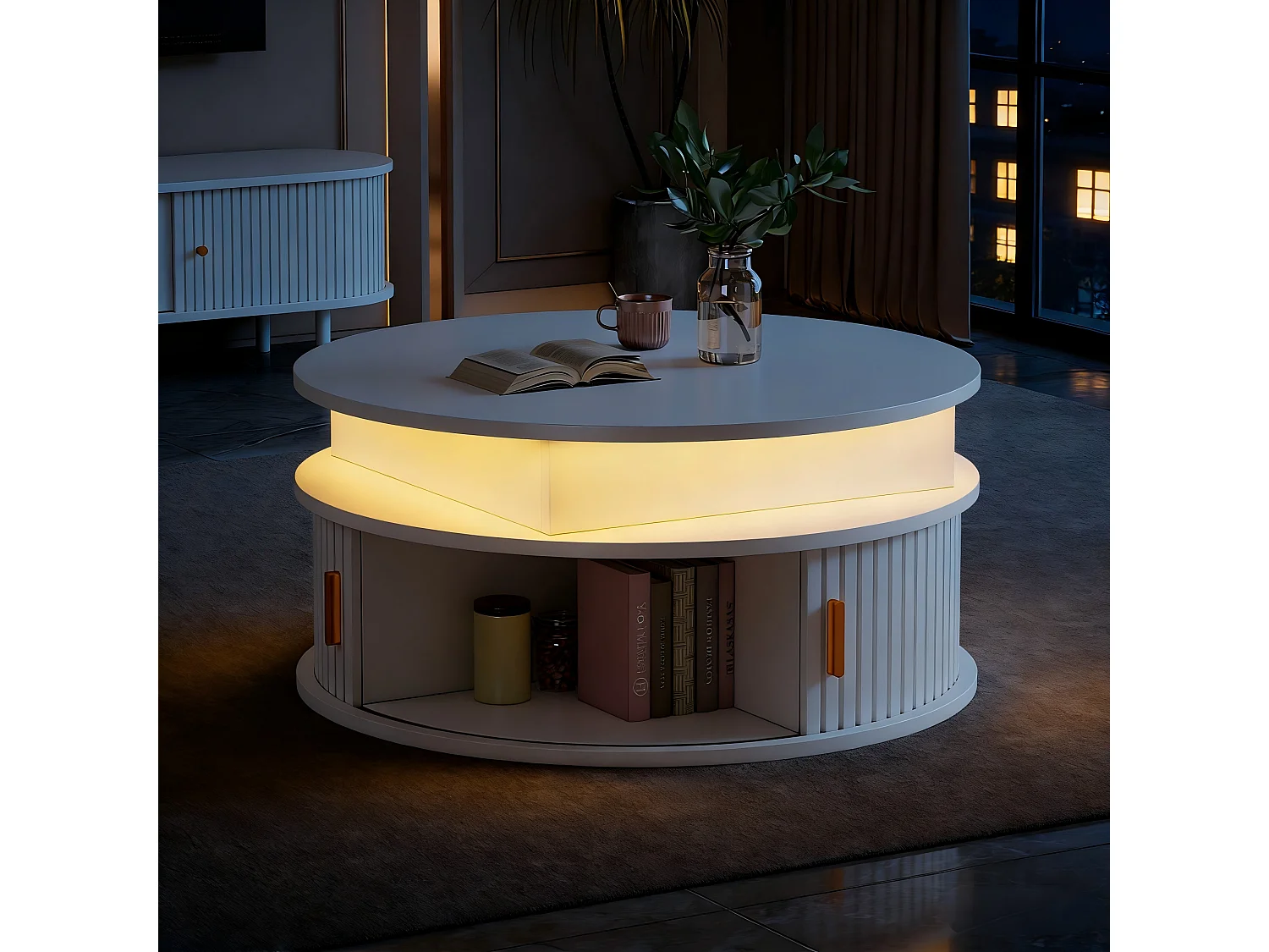 Stolik kawowy z podnoszonym blatem, lakierowany na wysoki połysk, 75 x 75 x 52 cm, z diodami LED + 2 drzwiami rolowanymi + schowek, płyta MDF, biały