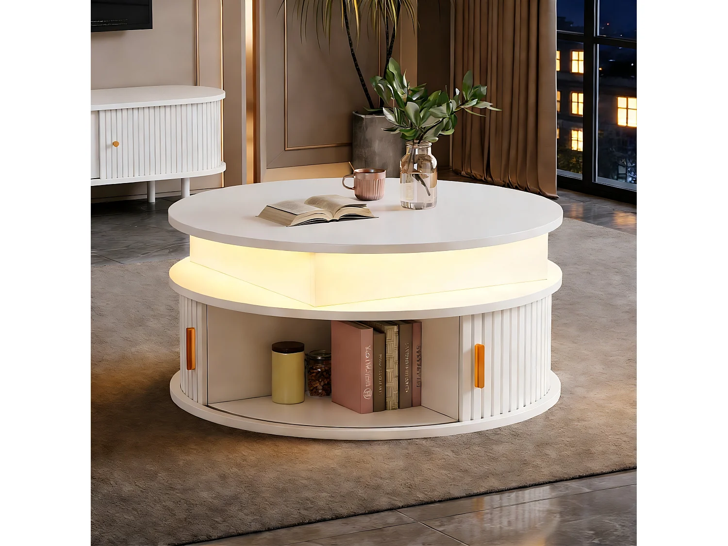 Stolik kawowy z podnoszonym blatem, lakierowany na wysoki połysk, 75 x 75 x 52 cm, z diodami LED + 2 drzwiami rolowanymi + schowek, płyta MDF, biały