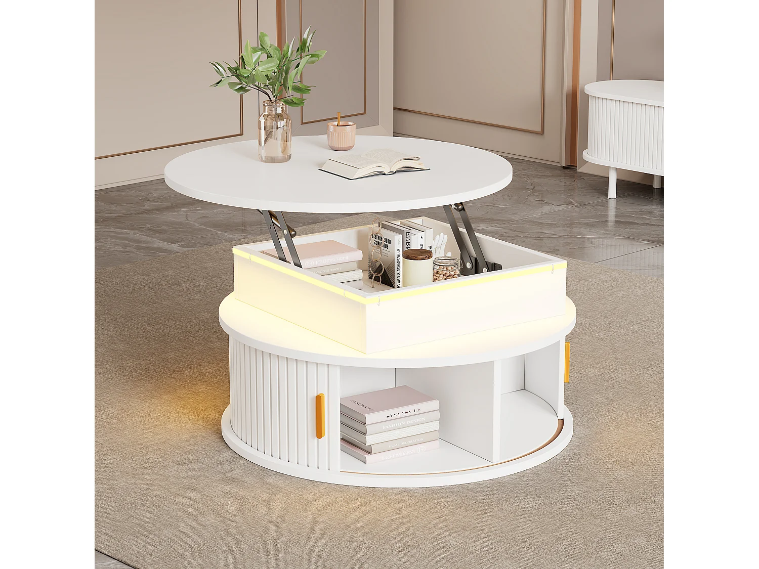 Stolik kawowy z podnoszonym blatem, lakierowany na wysoki połysk, 75 x 75 x 52 cm, z diodami LED + 2 drzwiami rolowanymi + schowek, płyta MDF, biały