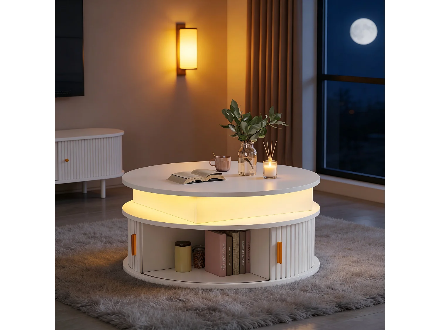 Table basse laquée brillante relevable - 75 x 75 x 52 cm - avec Leds + 2 portes enroulables + rangement - MDF - blanc