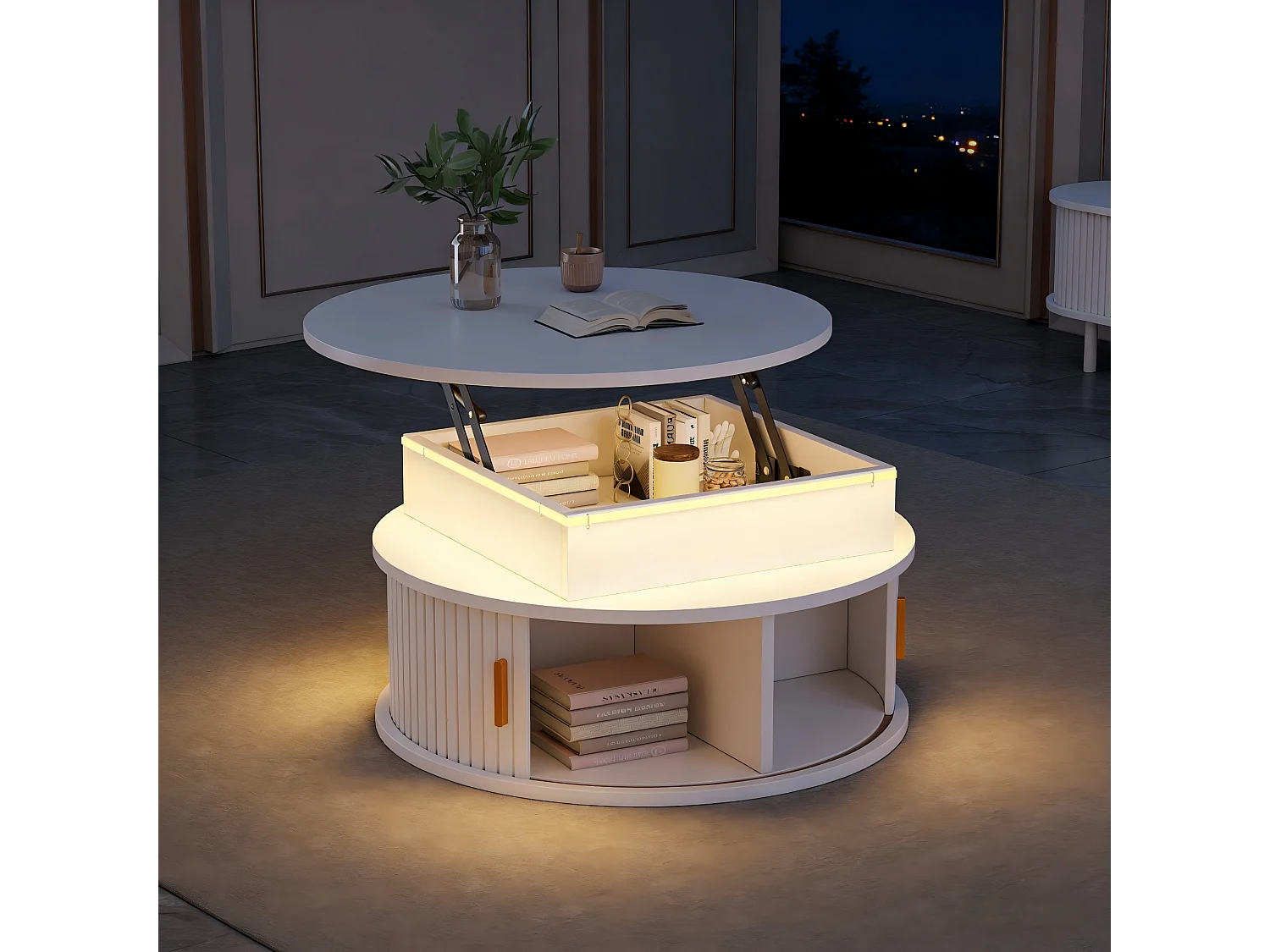 Table basse laquée brillante relevable - 75 x 75 x 52 cm - avec Leds + 2 portes enroulables + rangement - MDF - blanc