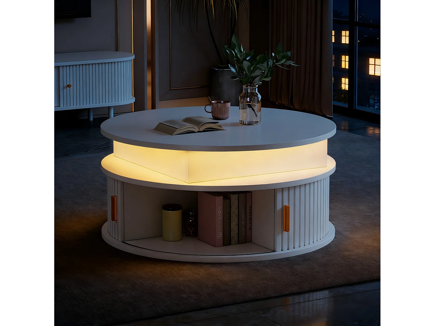 Table basse laquée brillante relevable - 75 x 75 x 52 cm - avec Leds + 2 portes enroulables + rangement - MDF - blanc