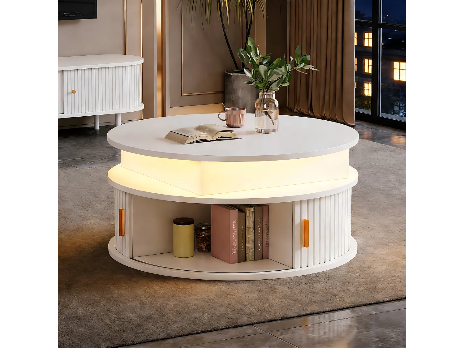Table basse laquée brillante relevable - 75 x 75 x 52 cm - avec Leds + 2 portes enroulables + rangement - MDF - blanc