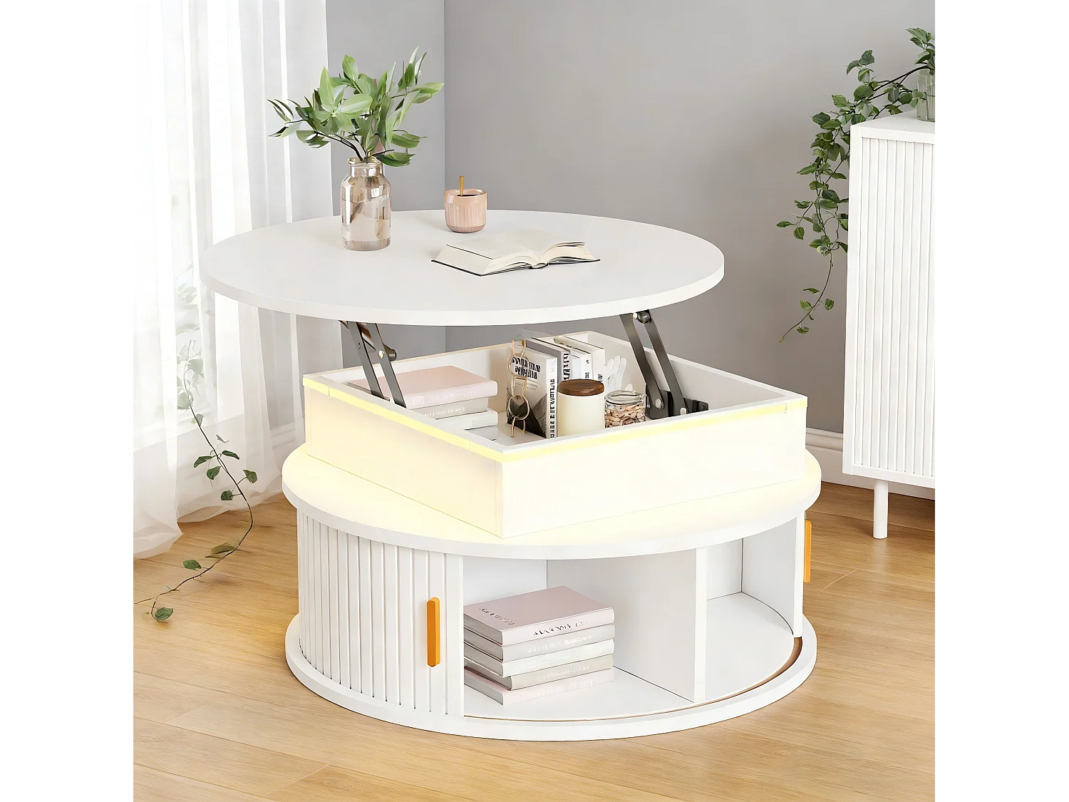 Table basse laquée brillante relevable - 75 x 75 x 52 cm - avec Leds + 2 portes enroulables + rangement - MDF - blanc