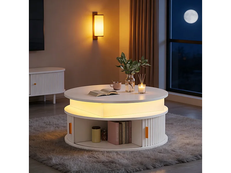 Hochglanzlackierter Couchtisch mit Hubfunktion – 75 x 75 x 52 cm – mit LED-Beleuchtung, zwei Rolltüren und Stauraum – MDF – weiß