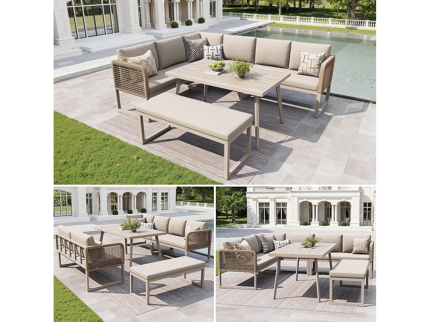 Ensemble de mobilier de jardin 6-8 places - avec coussins + table + banc + canapés en rotin tressé à la main - beige