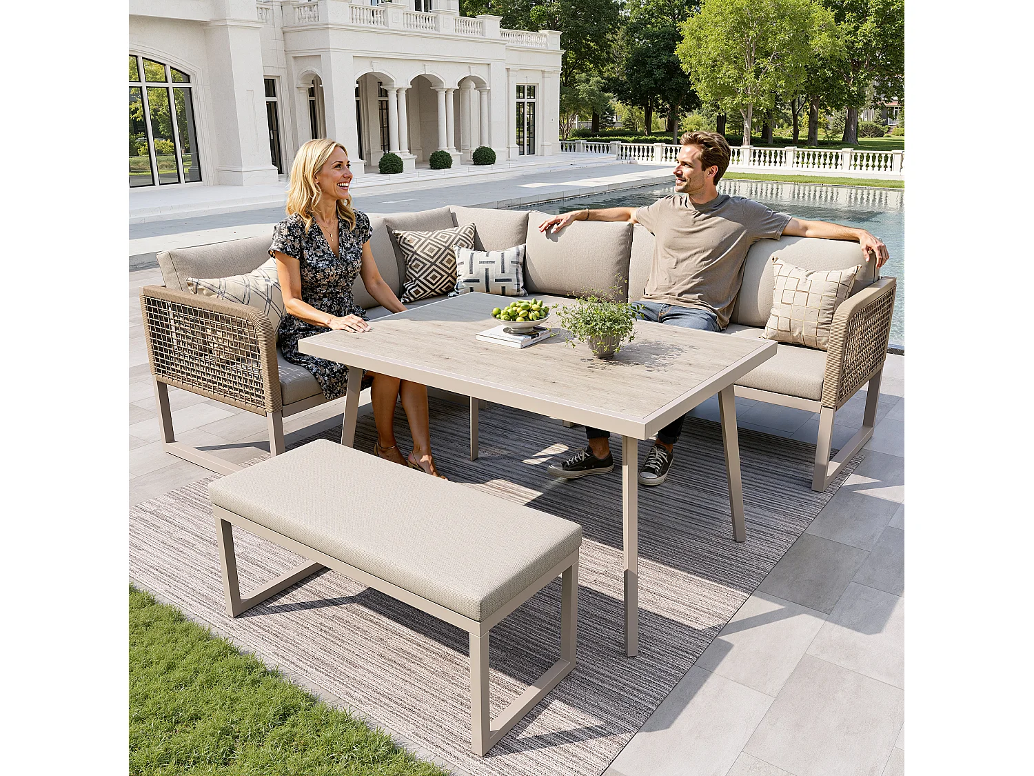 Ensemble de mobilier de jardin 6-8 places - avec coussins + table + banc + canapés en rotin tressé à la main - beige