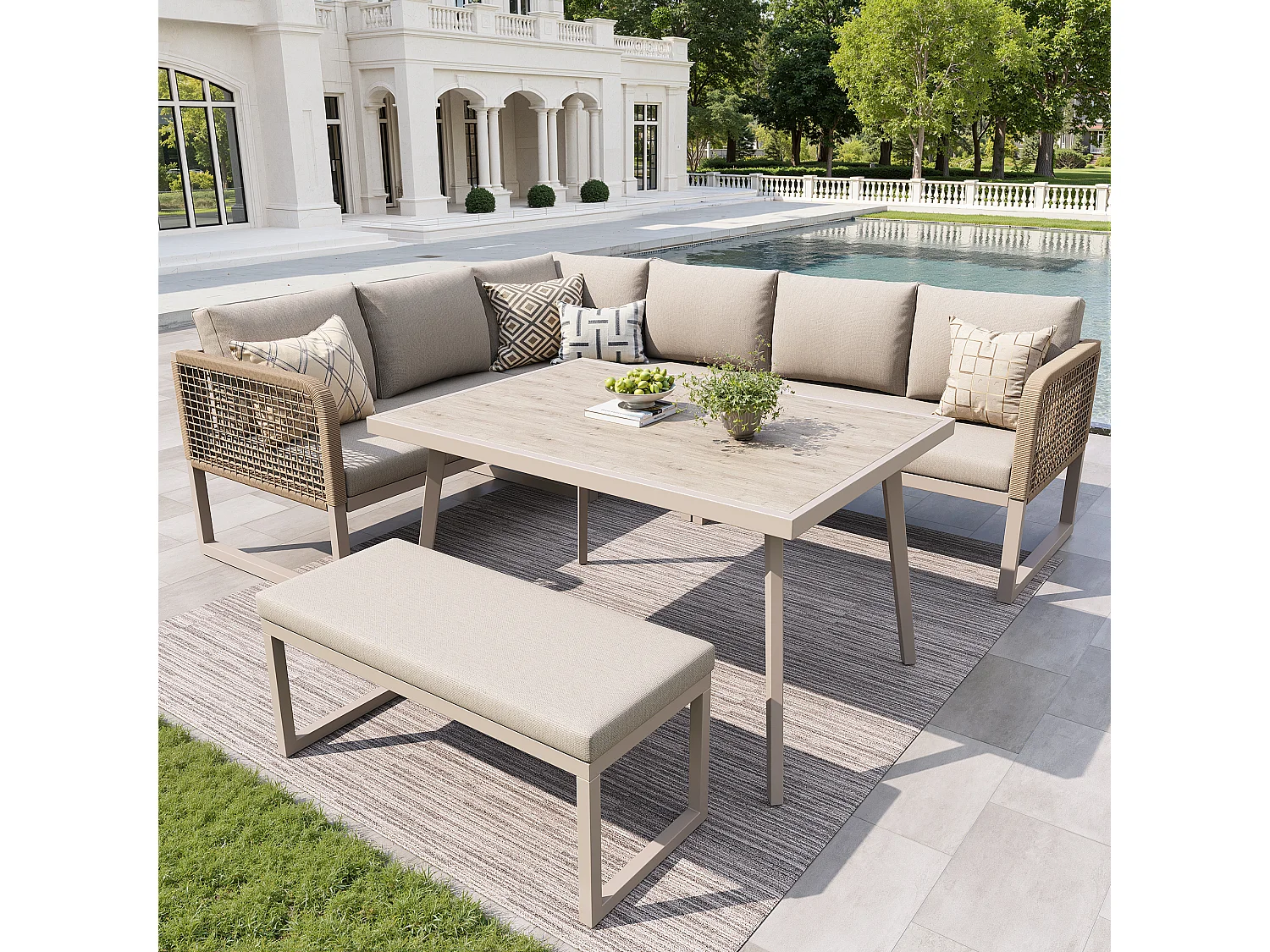 Ensemble de mobilier de jardin 6-8 places - avec coussins + table + banc + canapés en rotin tressé à la main - beige
