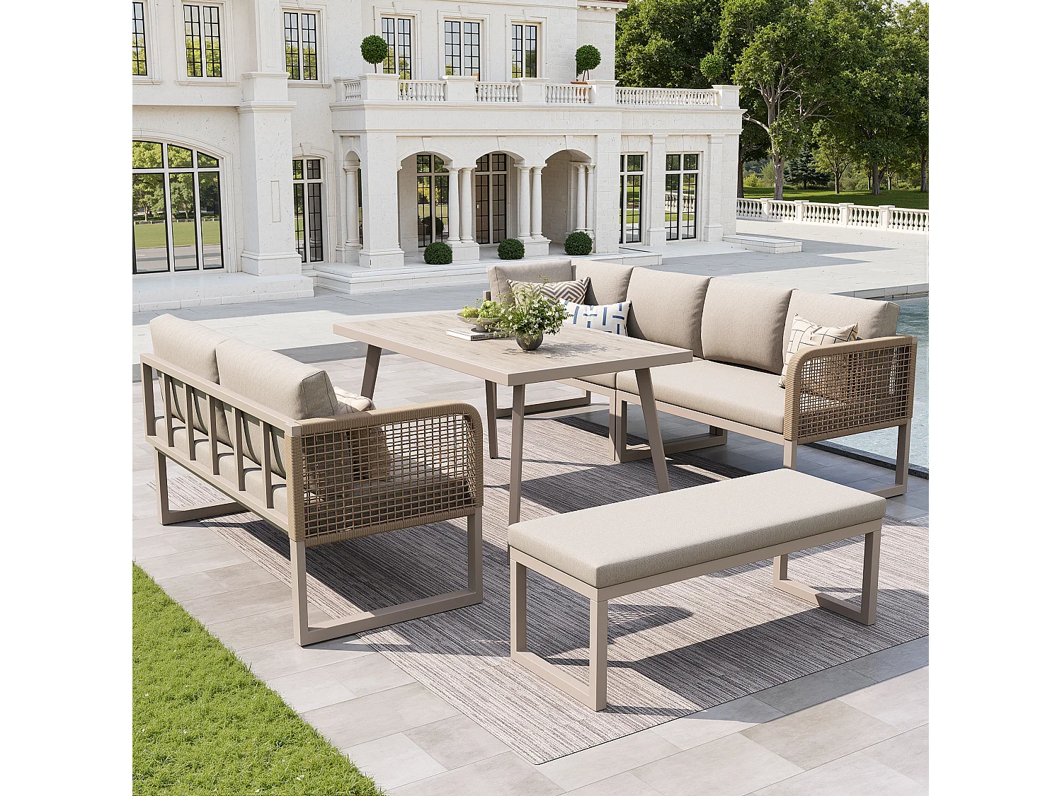 Ensemble de mobilier de jardin 6-8 places - avec coussins + table + banc + canapés en rotin tressé à la main - beige