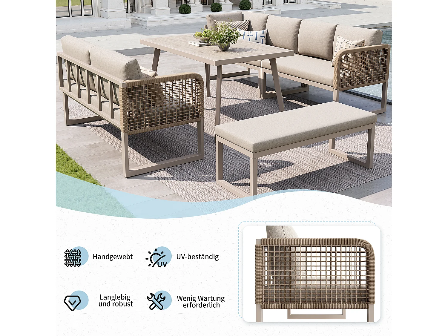 Ensemble de mobilier de jardin 6-8 places - avec coussins + table + banc + canapés en rotin tressé à la main - beige