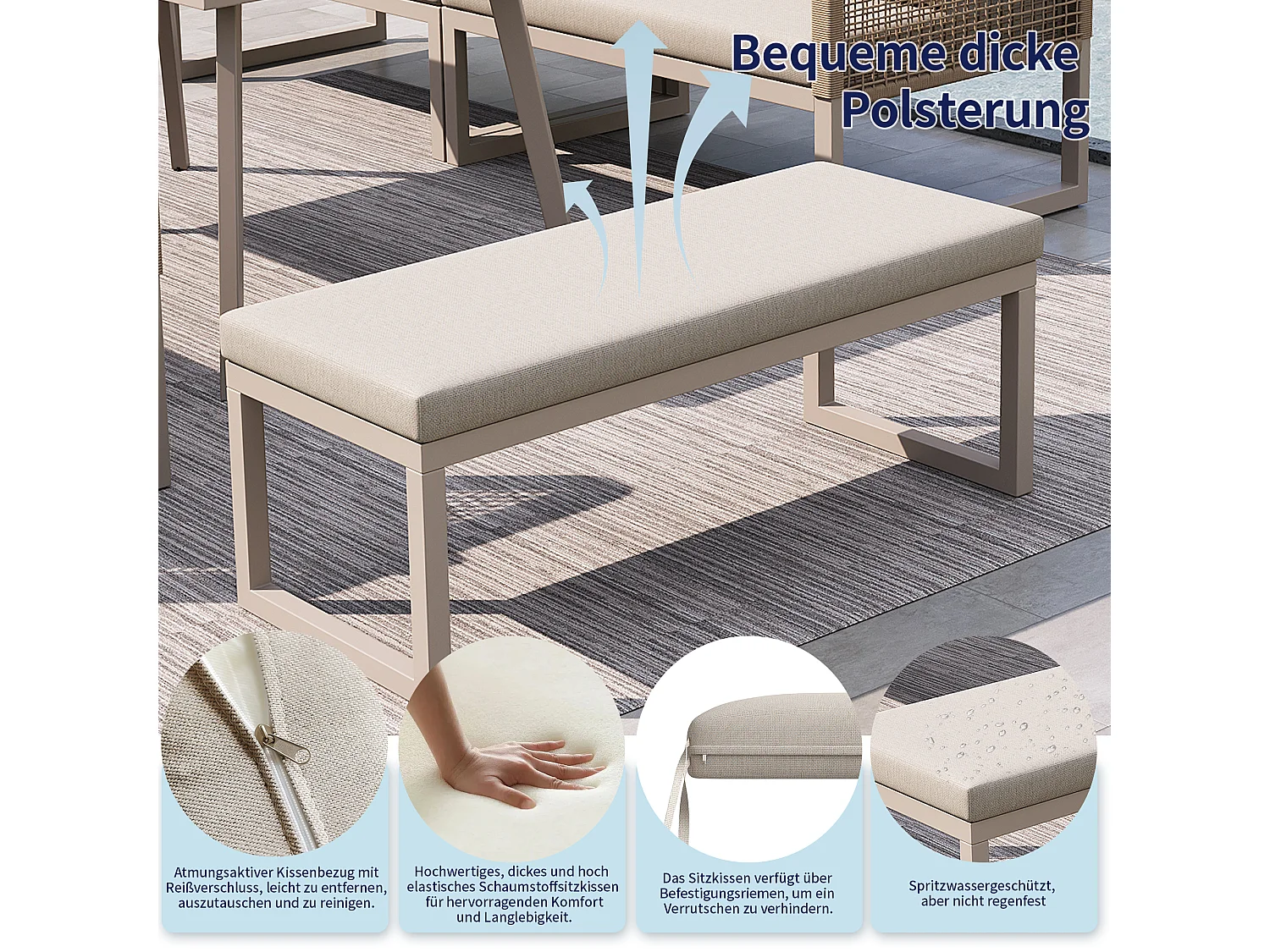 Ensemble de mobilier de jardin 6-8 places - avec coussins + table + banc + canapés en rotin tressé à la main - beige