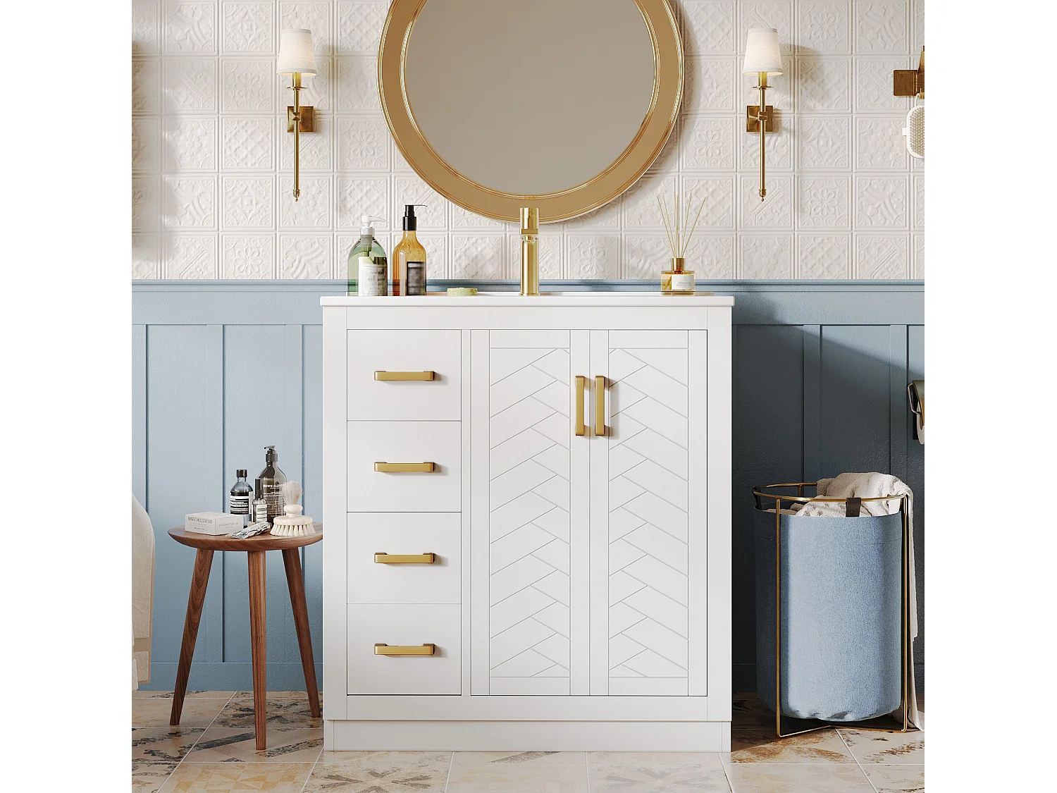 2 szafki łazienkowe z ceramiki - 76,5 x 46,5 x 84,5 cm - z 3 szufladami + półką boczną + 2 drzwiami - MDF - białe