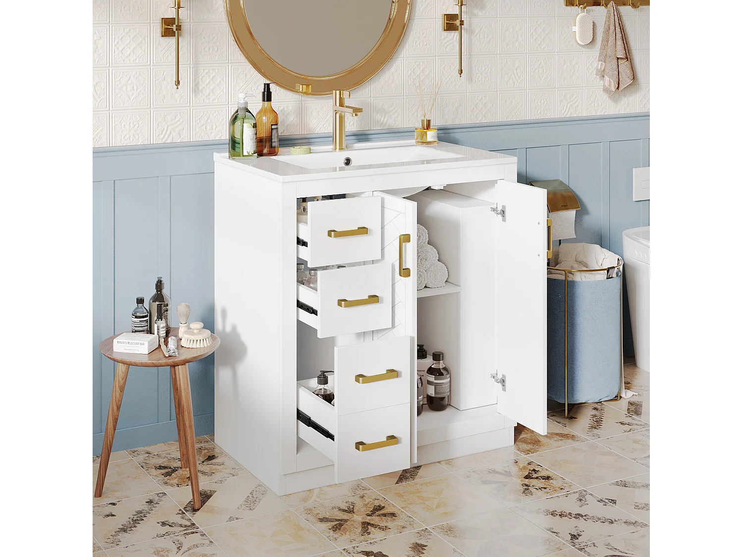 2 szafki łazienkowe z ceramiki - 76,5 x 46,5 x 84,5 cm - z 3 szufladami + półką boczną + 2 drzwiami - MDF - białe